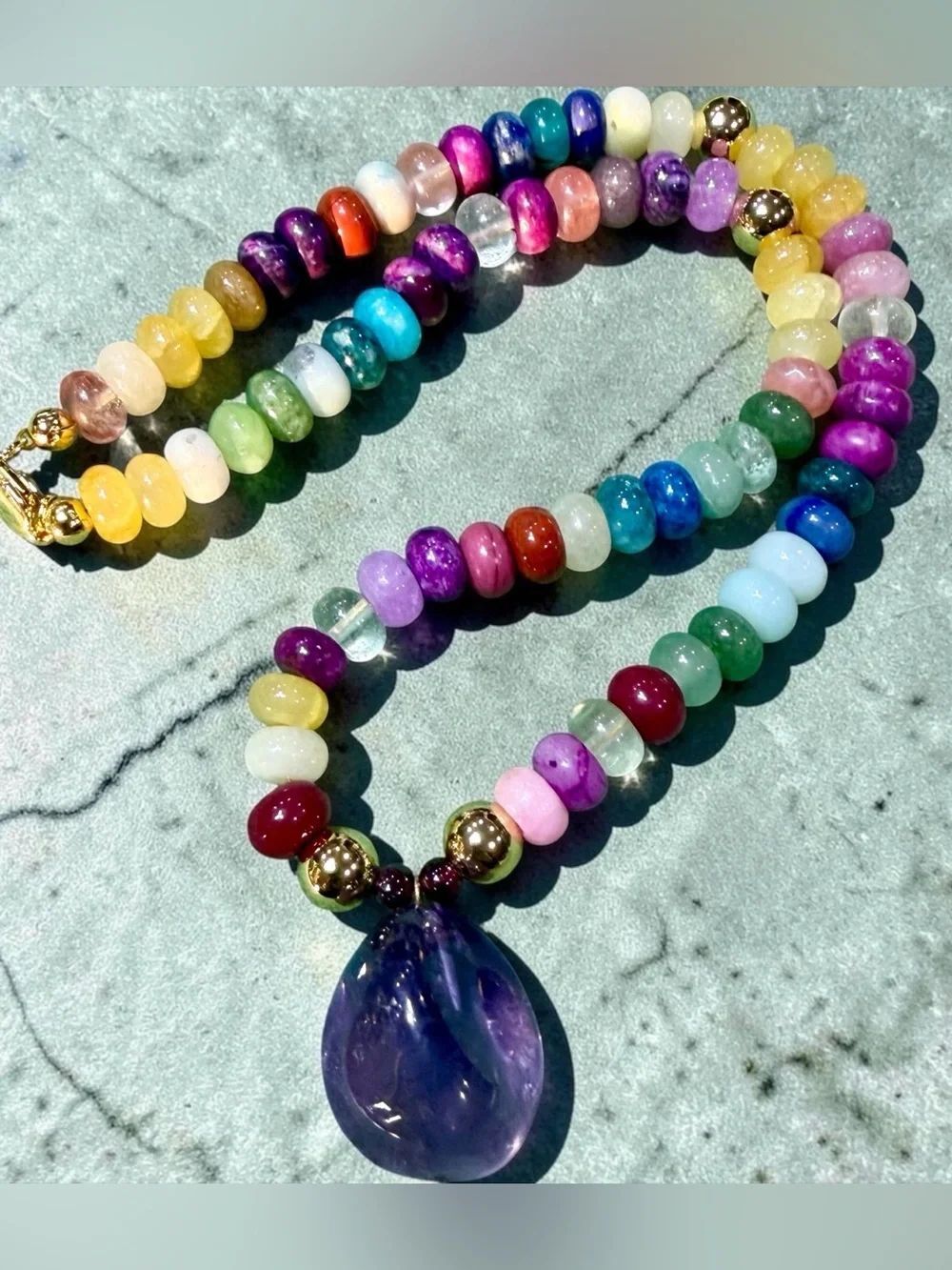 Handmade Rainbow Rondelle Genuine Gemstone Necklace VTG Amethyst Pendant 14KTGP